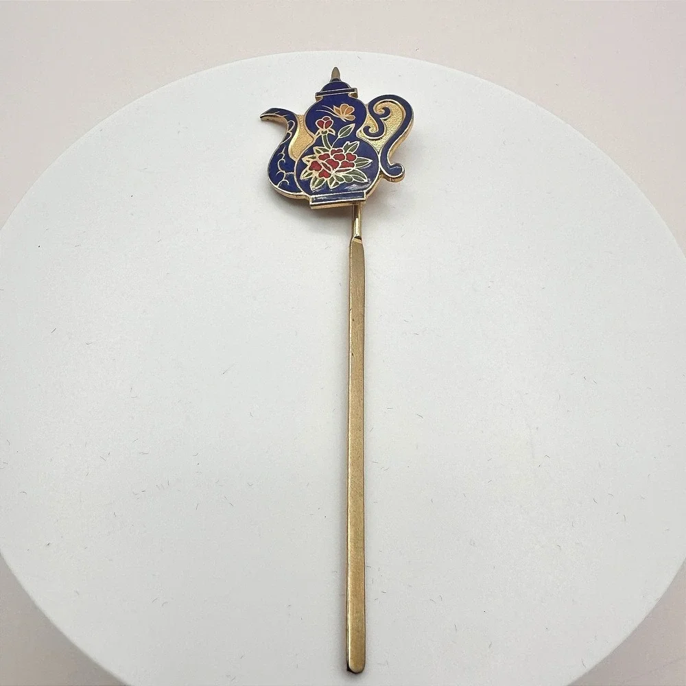 Vintage 90s Cloisonne Teapot Hair Sticks Gold Tone Blue Enamel Women's Jewelry